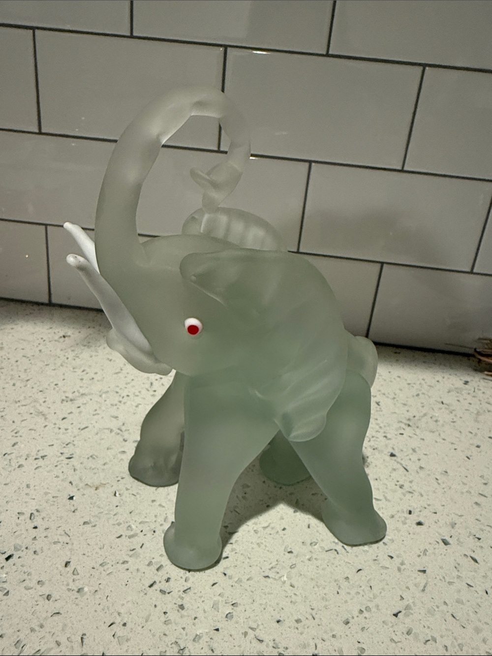 Vintage Frosted Glass Elephant Figurine Red Eyes White Tusks